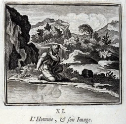 O homem e a sua imagem. Fábulas de Jean de La Fontaine (1621-95). Ilustração de François Chauveau (1613-1676). Edição de 1728.