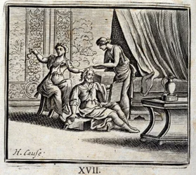 Homem entre duas idades e as suas duas Maitresses. Fábulas de Jean de La Fontaine (1621-95). Ilustração de François Chauveau (1613-1676). Edição de 1728.