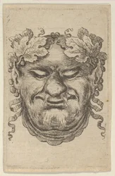 Máscara de Baco com uma coroa de folhas de uva e fita, de Divers Masques, ca. 1635-45.
