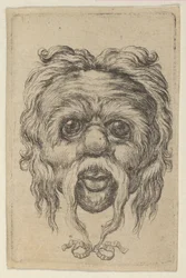 Máscara com bigode comprido amarrado com fita embaixo do queixo, de Divers Masques, ca. 1635-45.