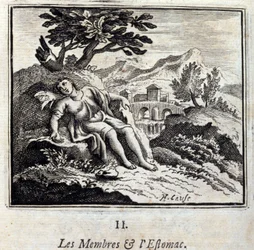 Membros e Estômago. Fábulas de Jean de La Fontaine (1621-95). Ilustração de François Chauveau (1613-1676). Edição de 1728.