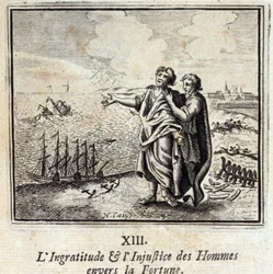 A Ingratidão dos Homens e a Injustiça à Fortuna. Fábulas de Jean de La Fontaine (1621-95). Ilustração de François Chauveau (1613-1676). Edição de 1728.