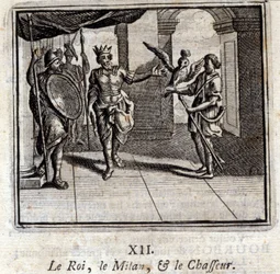 Milão, o Rei e o Caçador. Fábulas de Jean de La Fontaine (1621-95). Ilustração de François Chauveau (1613-1676). Edição de 1728.