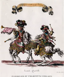 Timbalier persa e trombeta durante o carrossel dado pelo rei Luís XIV (1639-1715) Gravação de François Chauveau (1613-1676) cerca de 1662 Colecção privada