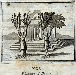 Philemon e Baucis. Fábulas de Jean de La Fontaine (1621-95). Ilustração de François Chauveau (1613-1676). Edição de 1728.