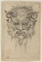 Máscara de sátiro com chifres enrolados olhando para baixo, de Divers Masques, ca. 1635-45.