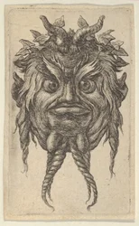 Máscara de sátiro com chifres e barba retorcida com coroa de hera, de Divers Masque..., c. 1635-45.
