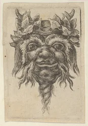 Máscara de sátiro com barba em forma de espiral e hera agrupadas em torno de cada chifre, de Divers..., ca. 1635-45.
