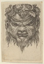 Máscara de sátiro com focinho recortado e coroa de folhas de carvalho, de Divers Masques, ca. 1635-45.