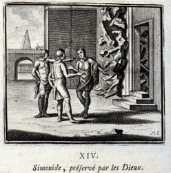 Simonides preservar pelos Deuses. Fábulas de Jean de La Fontaine (1621-95). Ilustração de François Chauveau (1613-1676). Edição de 1728.