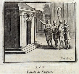 A palavra de Sócrates. Fábulas de Jean de La Fontaine (1621-95). Ilustração de François Chauveau (1613-1676). Edição de 1728.
