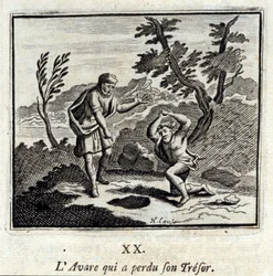 O Avare que perdeu seu tresor.Fábulas de Jean de La Fontaine (1621-95). Ilustração de François Chauveau (1613-1676). Edição de 1728.