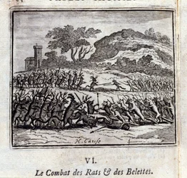 A Batalha de Ratos e Doninhas. Fábulas de Jean de La Fontaine (1621-95). Ilustração de François Chauveau (1613-1676). Edição de 1728.