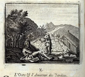 O Urso e o Amador de Jardim. Fábulas de Jean de La Fontaine (1621-95). Ilustração de François Chauveau (1613-1676). Edição de 1728.