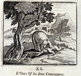O Urso e os Dois Companheiros. Fábulas de Jean de La Fontaine (1621-95). Ilustração de François Chauveau (1613-1676). Edição de 1728.