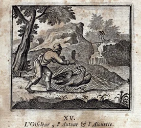 O Birdbird, o Redondo e o Alouette. Fábulas de Jean de La Fontaine (1621-95). Ilustração de François Chauveau (1613-1676). Edição de 1728.