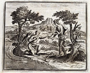 O Bucheron e Mercúrio. Fábulas de Jean de La Fontaine (1621-95). Ilustração de François Chauveau (1613-1676). Edição de 1728.