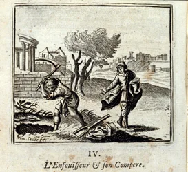 O Burner e o seu Compere. Fábulas de Jean de La Fontaine (1621-95). Ilustração de François Chauveau (1613-1676). Edição de 1728.