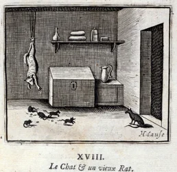 O Gato e um rato velho. Fábulas de Jean de La Fontaine (1621-95). Ilustração de François Chauveau (1613-1676). Edição de 1728.
