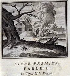 O Cigale e a Formiga. Fábulas de Jean de La Fontaine (1621-95). Ilustração de François Chauveau (1613-1676). Edição de 1728.