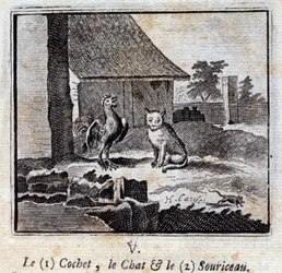O gato e o rato Cochet. Fábulas de Jean de La Fontaine (1621-95). Ilustração de François Chauveau (1613-1676). Edição de 1728.