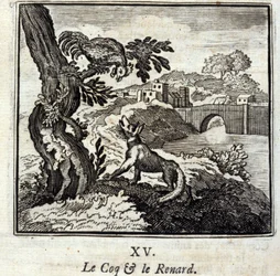 O Coq e a Raposa. Fábulas de Jean de La Fontaine (1621-95). Ilustração de François Chauveau (1613-1676). Edição de 1728.