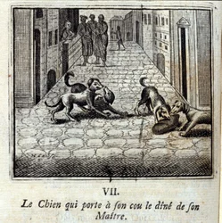 O Cão que usa o Jantar do seu Mestre ao pescoço. Fábulas de Jean de La Fontaine (1621-95). Ilustração de François Chauveau (1613-1676). Edição de 1728.
