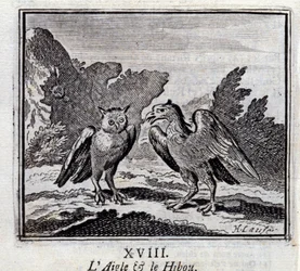 A Águia e o Coruja. Fábulas de Jean de La Fontaine (1621-95). Ilustração de François Chauveau (1613-1676). Edição de 1728.