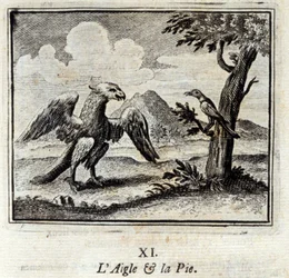 A Águia e o Pio. Fábulas de Jean de La Fontaine (1621-95). Ilustração de François Chauveau (1613-1676). Edição de 1728.