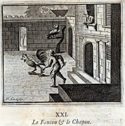 O Falcão e o Capão. Fábulas de Jean de La Fontaine (1621-95). Ilustração de François Chauveau (1613-1676). Edição de 1728.