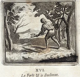 A Floresta e o Bucheron. Fábulas de Jean de La Fontaine (1621-95). Ilustração de François Chauveau (1613-1676). Edição de 1728.