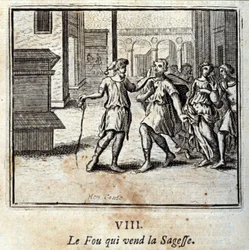 O Fou que vende sabedoria. Fábulas de Jean de La Fontaine (1621-95). Ilustração de François Chauveau (1613-1676). Edição de 1728.