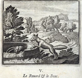 The Fox and the Bouc.Fables de Jean de La Fontaine (1621-95). Ilustração de François Chauveau (1613-1676). Edição de 1728.
