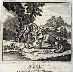 The Fox and the Cigogne.Fables de Jean de La Fontaine (1621-95). Ilustração de François Chauveau (1613-1676). Edição de 1728.