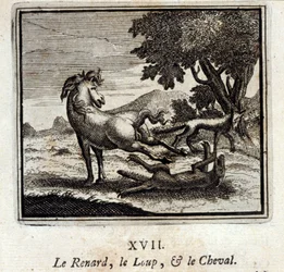 A Raposa, o Lobo e o Cavalo. Fábulas de Jean de La Fontaine (1621-95). Ilustração de François Chauveau (1613-1676). Edição de 1728.