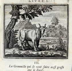 O Sapo que quer ficar tão grande como a Carne. Fábulas de Jean de La Fontaine (1621-95). Ilustração de François Chauveau (1613-1676). Edição de 1728.