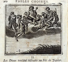 Os Deuses a querer ensinar um filho de Júpiter. Fábulas de Jean de La Fontaine (1621-95). Ilustração de François Chauveau (1613-1676). Edição de 1728.