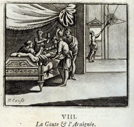 A gota e o Araignee. Fábulas de Jean de La Fontaine (1621-95). Ilustração de François Chauveau (1613-1676). Edição de 1728.