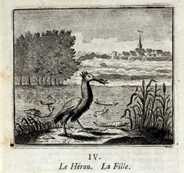 A Garça. Fábulas de Jean de La Fontaine (1621-95). Ilustração de François Chauveau (1613-1676). Edição de 1728.