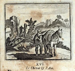 O Cavalo e o Burro. Fábulas de Jean de La Fontaine (1621-95). Ilustração de François Chauveau (1613-1676). Edição de 1728.