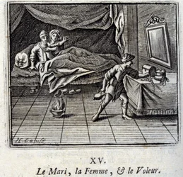 O Marido, a Mulher, e o Ladrão. Fábulas de Jean de La Fontaine (1621-95). Ilustração de François Chauveau (1613-1676). Edição de 1728.