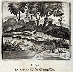Os Lievre e os Frogs. Fábulas de Jean de La Fontaine (1621-95). Ilustração de François Chauveau (1613-1676). Edição de 1728.