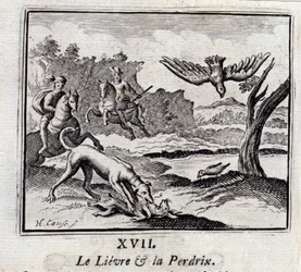 The Lievre and the Pardrix.Fables de Jean de La Fontaine (1621-95). Ilustração de François Chauveau (1613-1676). Edição de 1728.