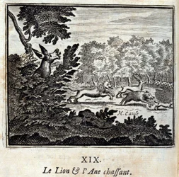 O Leão e a Caça ao Burro. Fábulas de Jean de La Fontaine (1621-95). Ilustração de François Chauveau (1613-1676). Edição de 1728.