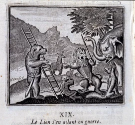 O Leão a ir para a guerra. Fábulas de Jean de La Fontaine (1621-95). Ilustração de François Chauveau (1613-1676). Edição de 1728.