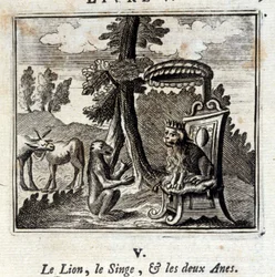 The Lion the Monkey and the Two Anes.Fables de Jean de La Fontaine (1621-95). Ilustração de François Chauveau (1613-1676). Edição de 1728.