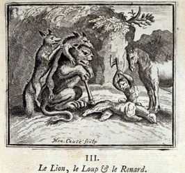 O Leão, o Lobo e a Raposa. Fábulas de Jean de La Fontaine (1621-95). Ilustração de François Chauveau (1613-1676). Edição de 1728.