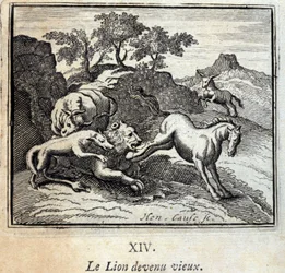 O Leão ficou velho. Fábulas de Jean de La Fontaine (1621-95). Ilustração de François Chauveau (1613-1676). Edição de 1728.