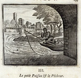 O Pequeno Peixe e o Pescador. Fábulas de Jean de La Fontaine (1621-95). Ilustração de François Chauveau (1613-1676). Edição de 1728.