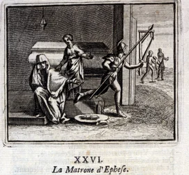 A Matrona de Éfeso. Fábulas de Jean de La Fontaine (1621-95). Ilustração de François Chauveau (1613-1676). Edição de 1728.